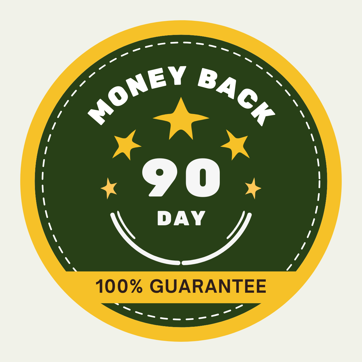 Circular badge with text 'Money Back 90 Day 100% Guarantee' on a green background with yellow stars and border.