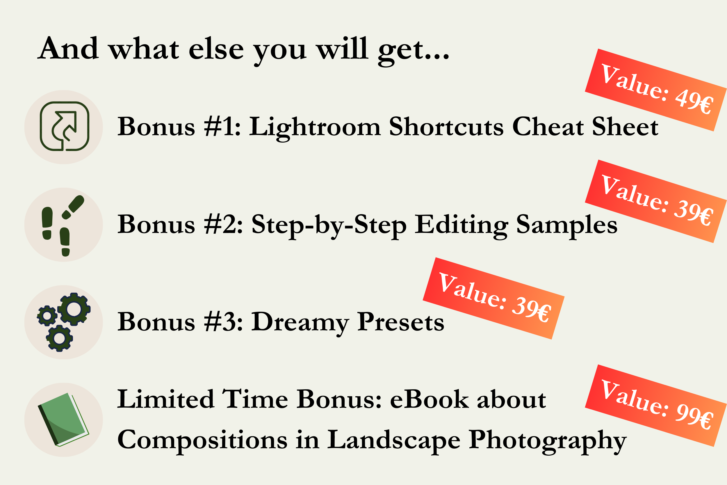 List of photography bonuses including Lightroom shortcuts, editing samples, dreamy presets, and an eBook on landscape composition with values in euros.