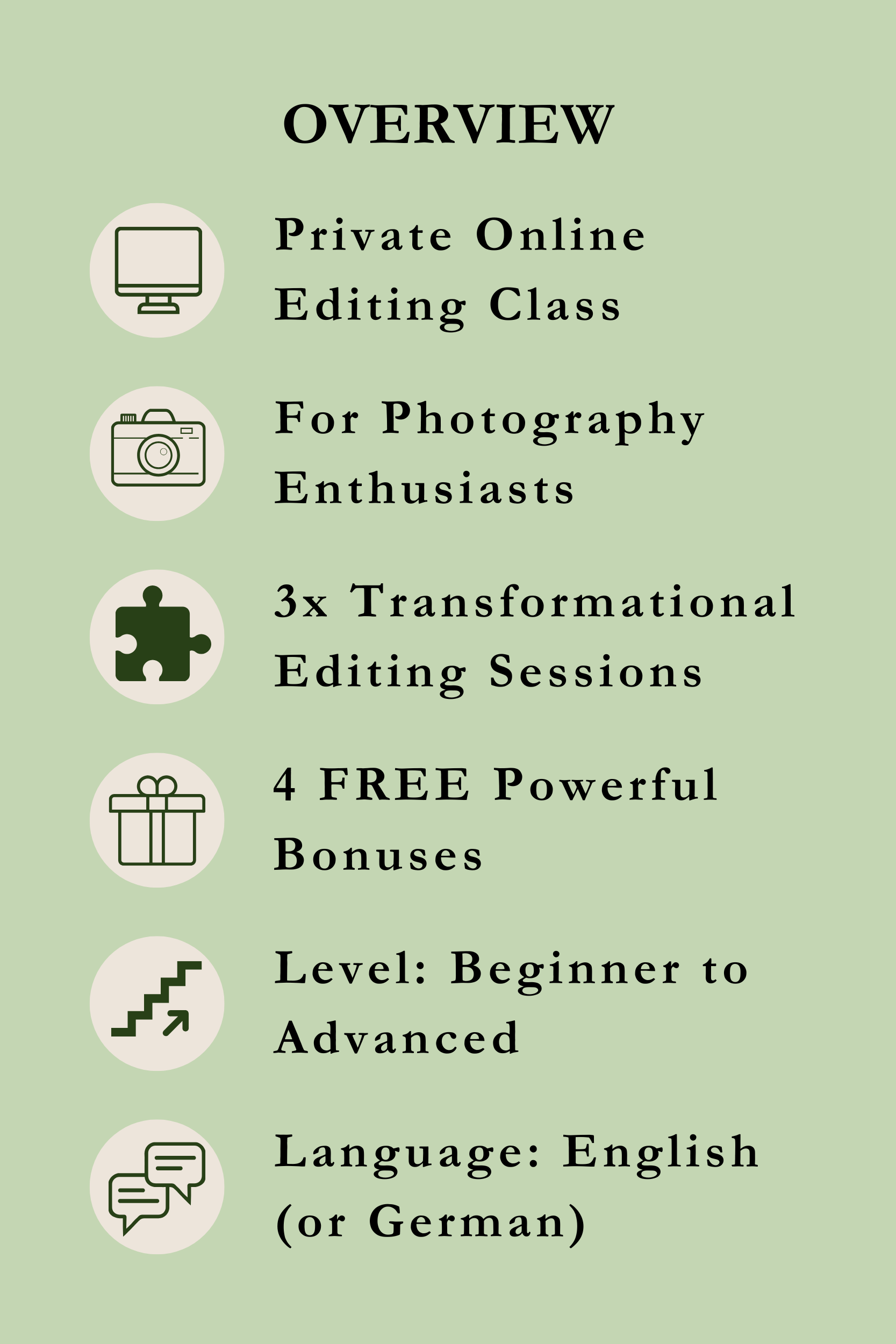Overview of a private online editing class for photography enthusiasts, offering three transformational editing sessions, four free bonuses, suitable for beginners to advanced learners, available in English or German. Includes icons of a computer, camera, puzzle piece, gift, stairs, and chat bubbles on a light green background.