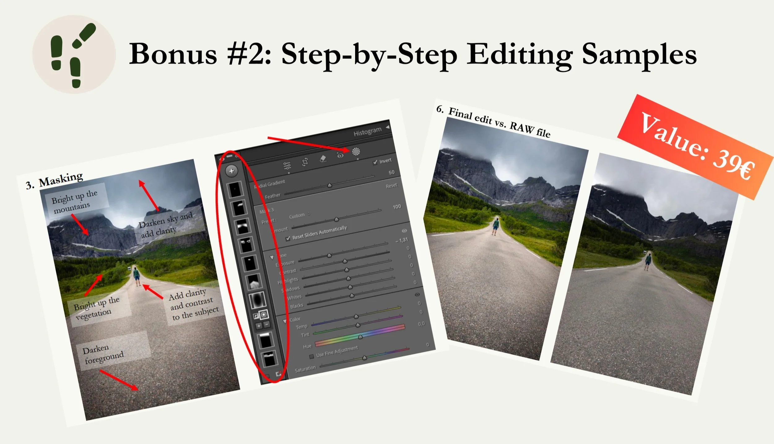 Photo editing tutorial collage with step-by-step editing samples, showing masking techniques like brightening mountains and darkening the sky. Includes a comparison of the final edit versus the RAW file, labeled 'Bonus #2: Step-by-Step Editing Samples' with a value of 39 euros.