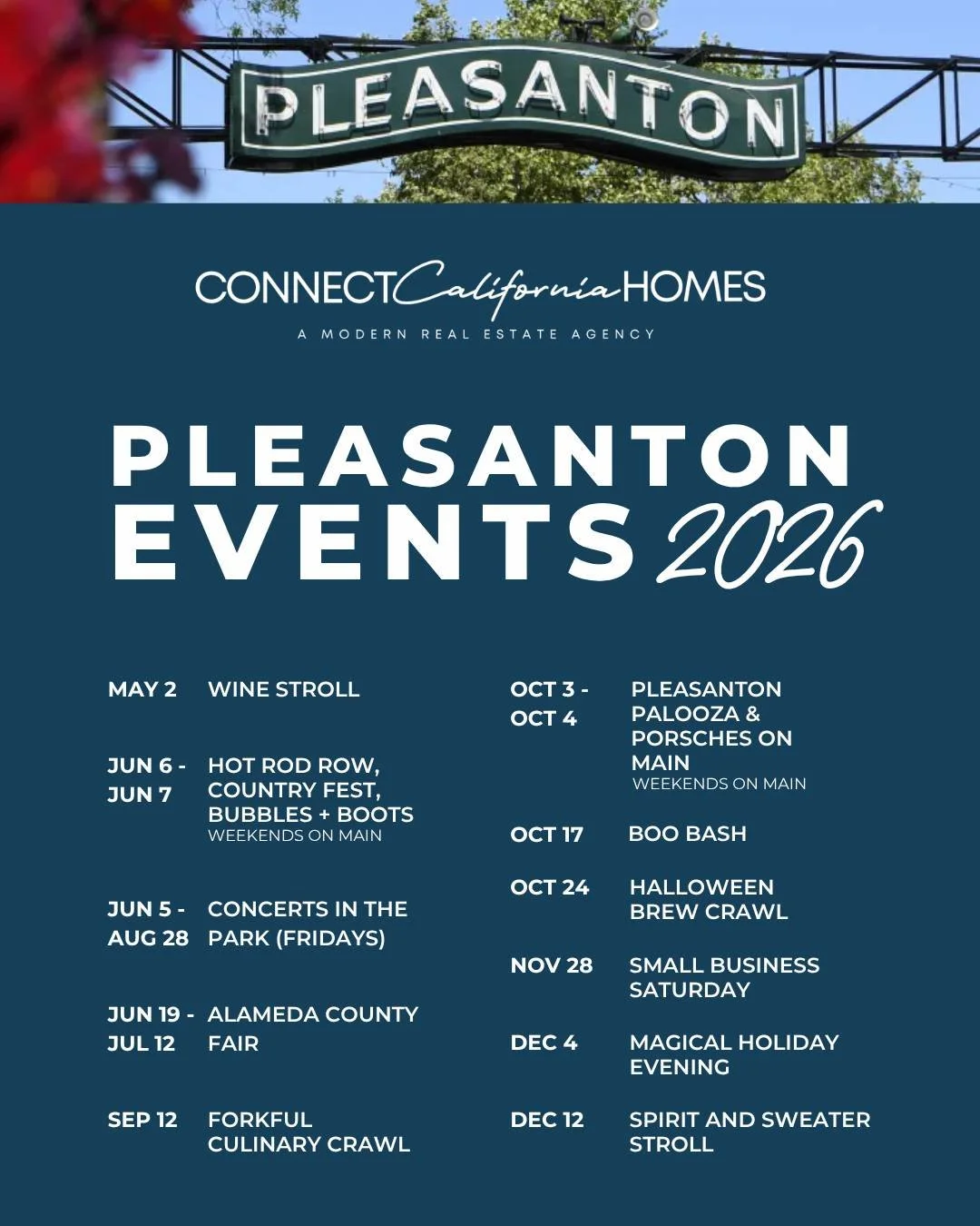 Your 2026 Downtown Pleasanton Events Guide is HERE! 🎉📅 

If you live in or around Pleasanton, save this post &mdash; you're going to want to refer back to it all year long! 🔖

Here's everything happening in Downtown Pleasanton in 2026:

🍷 May 2 &