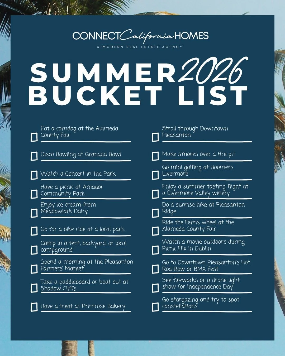 ☀️ TRI-VALLEY SUMMER BUCKET LIST ☀️

Summer has officially arrived, and there's no better place to spend it than right here in the Tri-Valley.

From riding the Ferris wheel at the Alameda County Fair and catching a Concert in the Park to enjoying Mea