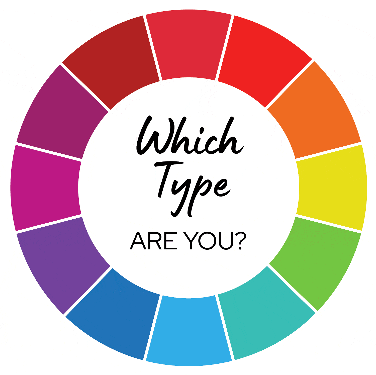 A colorful circle with segments in rainbow colors surrounding the text 'Which Type Are You?' in black and white in the center.