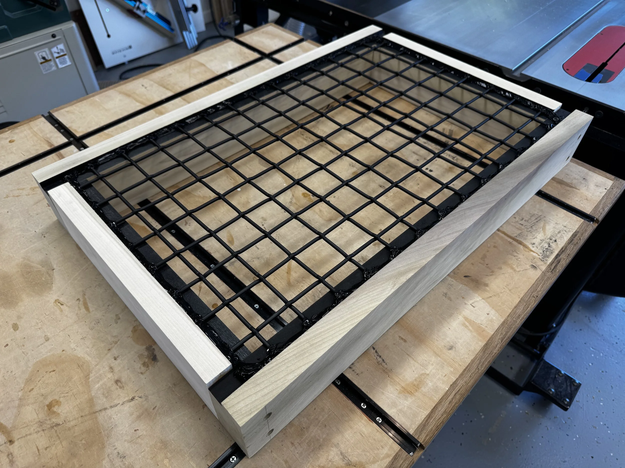 Custom interior catio with architectural mesh panels.