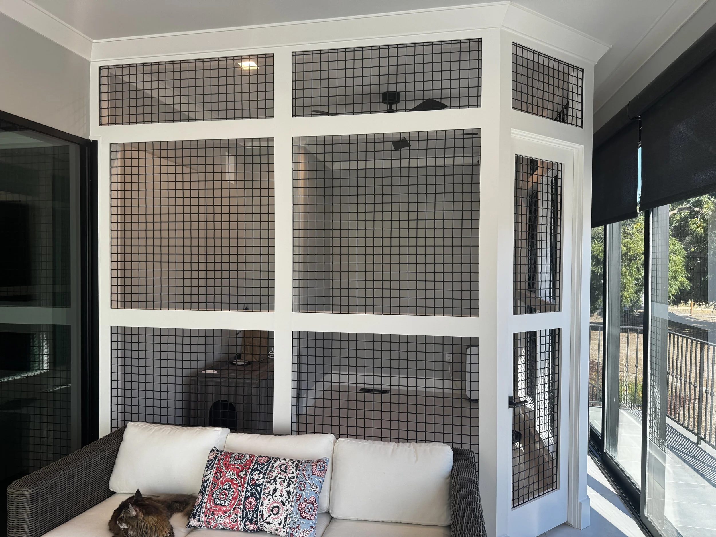 Custom interior catio with architectural mesh panels.