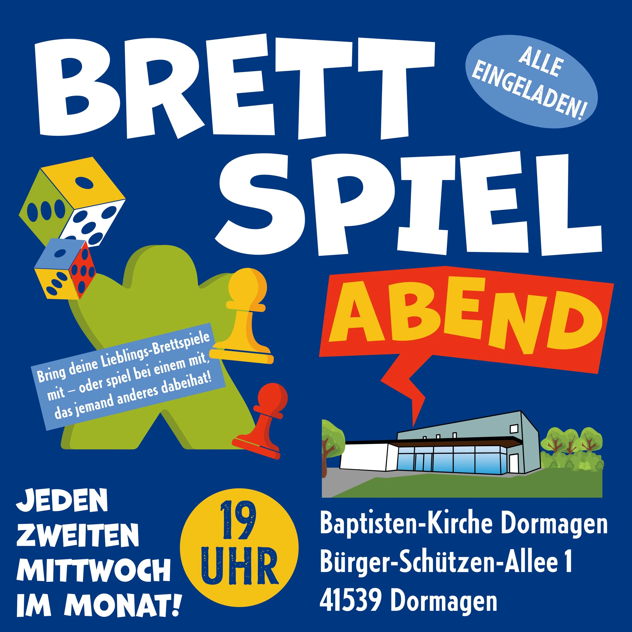 Ein Plakat für einen Brettspiel-Abend, mit bunten Würfeln, einem grünen Brettspiel-Charakter mit roten und blauen Spielfiguren, einem Gebäude und Textinformationen zu Datum, Uhrzeit und Ort des Events in Dormagen.