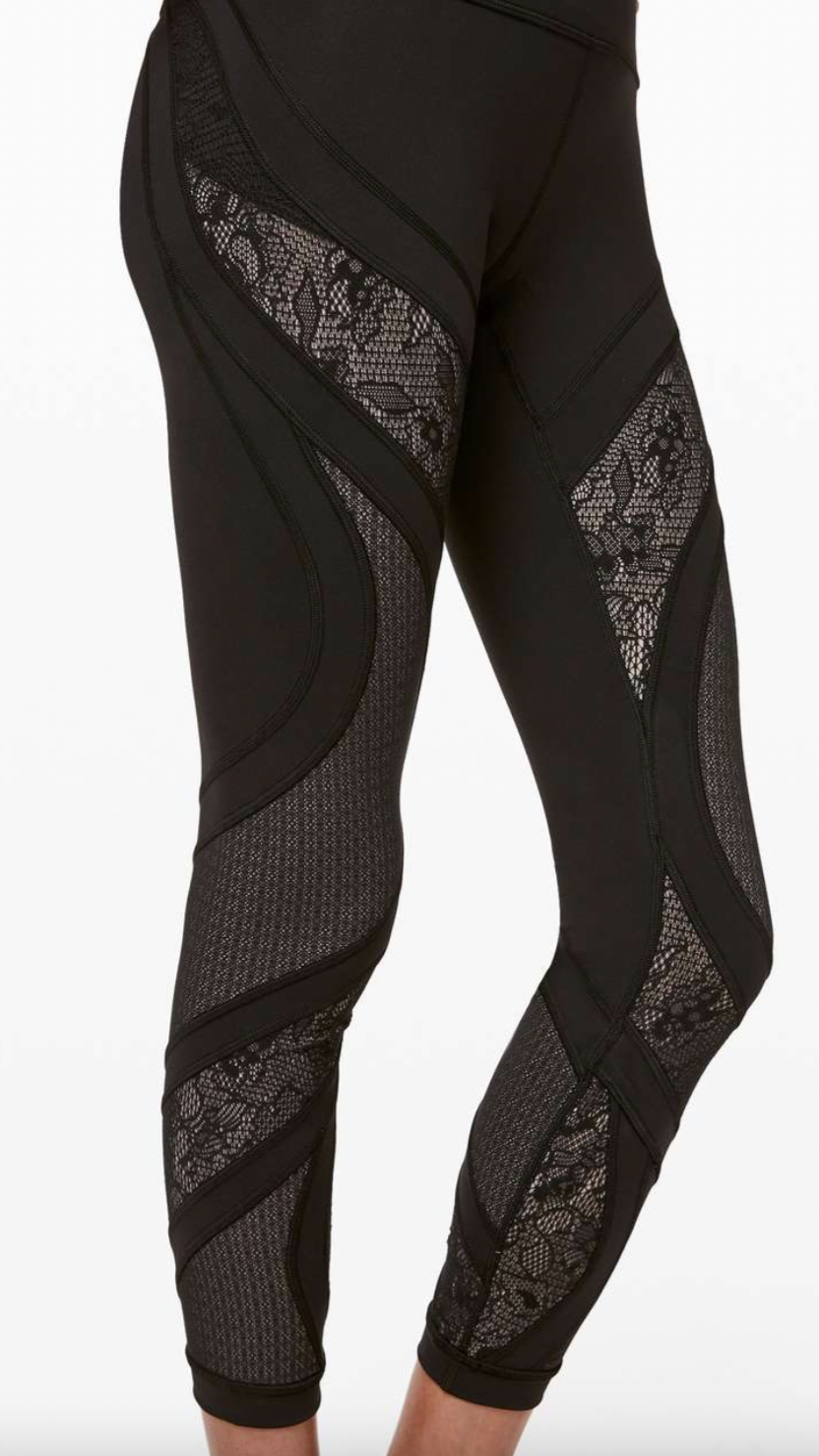 Black athletic leggings with lace and mesh panel designs.