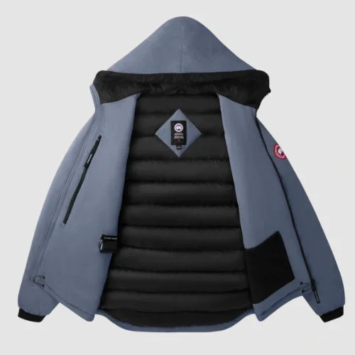 A gray and black insulated winter jacket with a hood, displayed open to show the black inner lining and internal pockets.