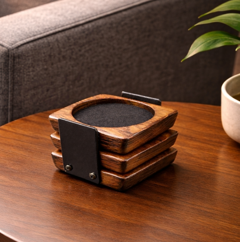 A set of two bourbon barrel wood coasters resting in a coaster holder and sitting on a side table next to a couch