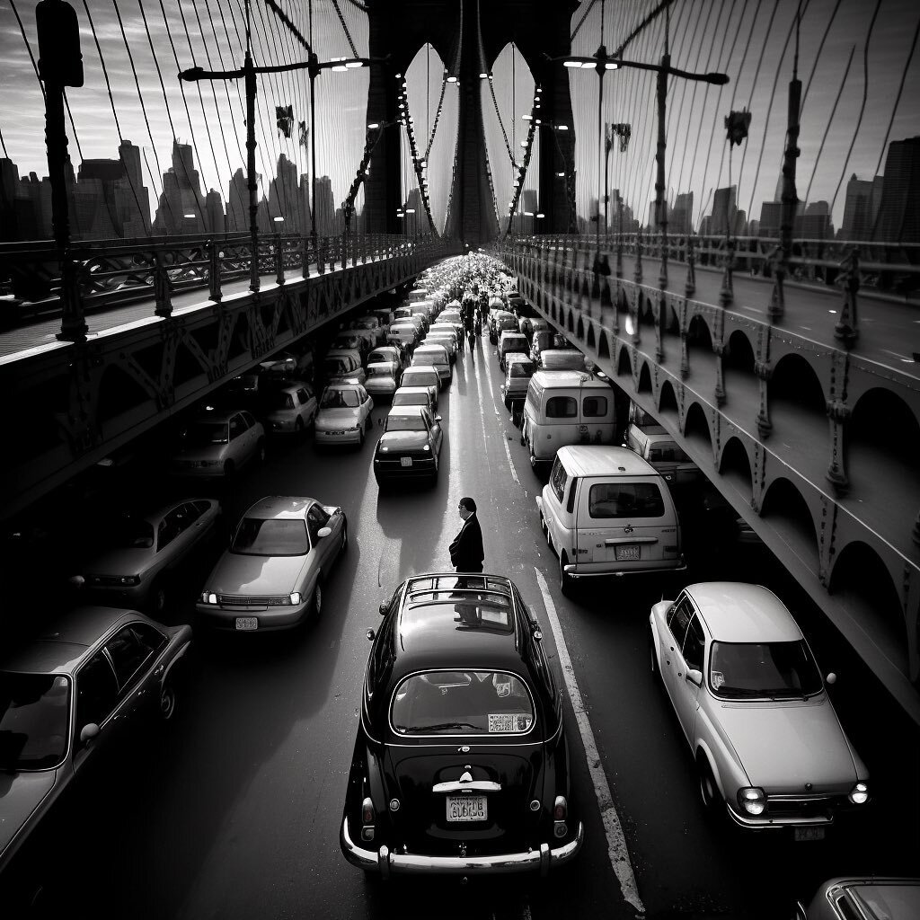 // Me x #midjourney &bull;&bull;&bull; Another poetic prompt makes a stirring scene: 
Traffic on the Brooklyn Bridge
This system of mysterious,
Interconnected madness, 
As consciousness becomes optional--
Requisite with a temper,
Fighting unfathomabl