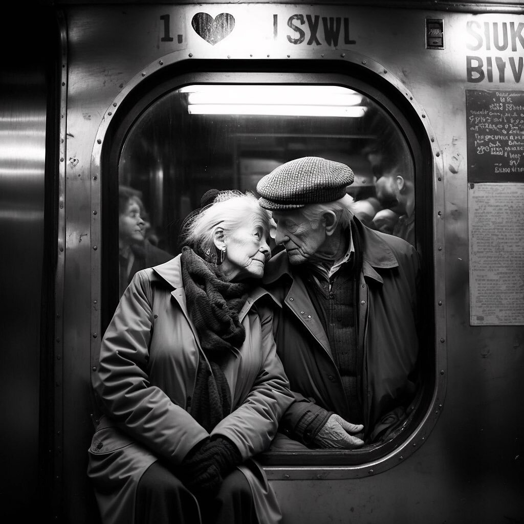 // future art &bull;&bull;&bull; While experimenting with #midjourney I used a poem I wrote as a prompt: Subway Love 
Young love on cold winter eves
Separated on the platform 
Her, Brooklyn bound and reality blind
Smiles over Snapchats now faded away