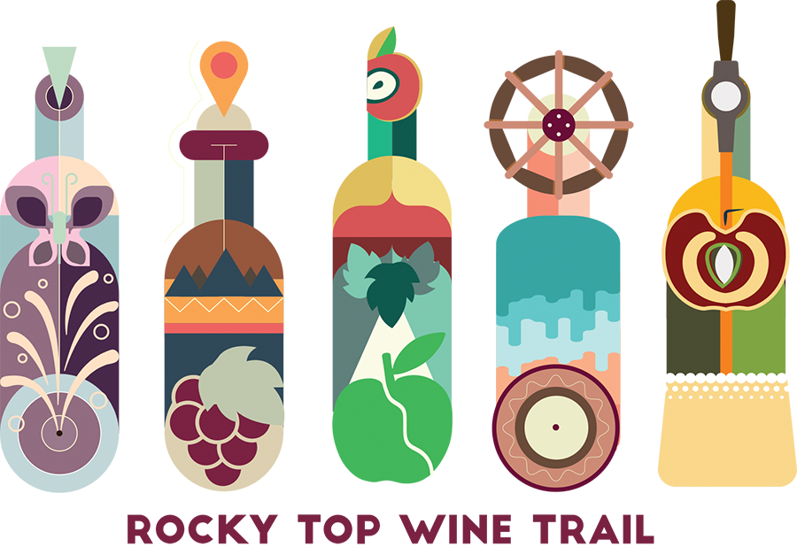 An illustrative concept for a Rocky Top Wine Trail T-shirt, where each bottle would represent aspects of each winery's unique brand