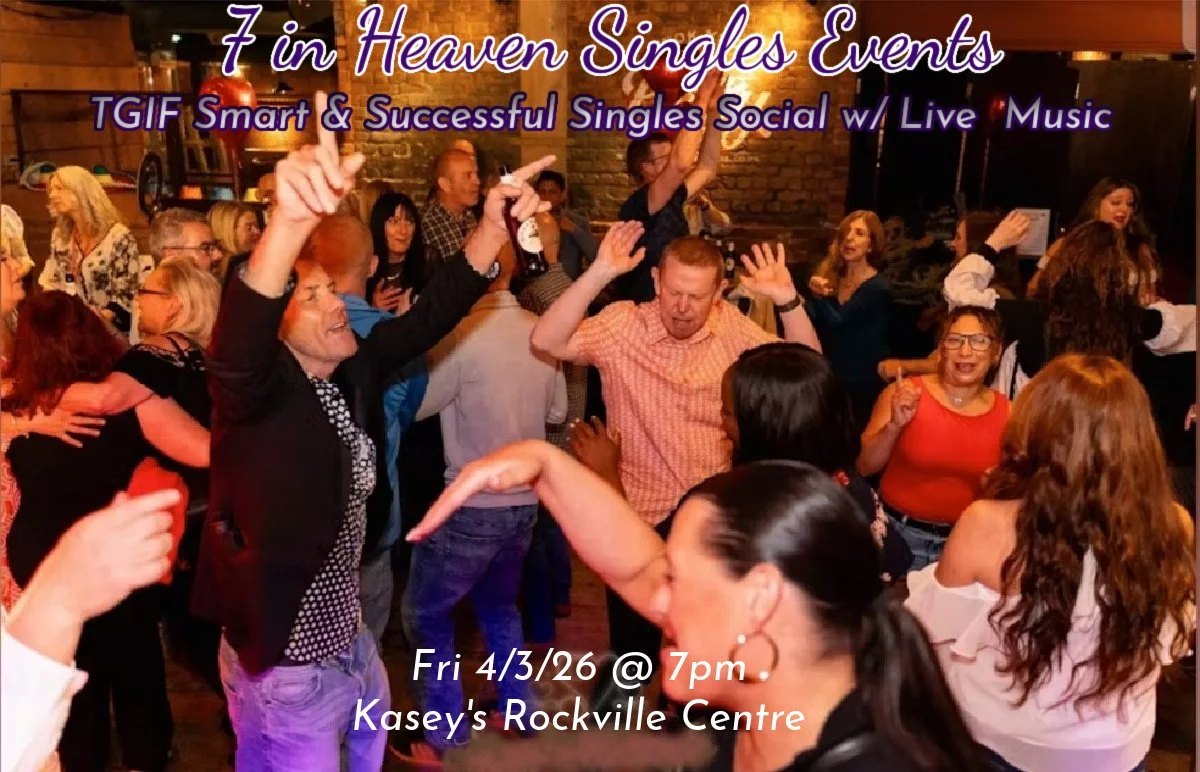 A lively social event with people dancing and enjoying live music at Kasey's Rockville Centre, advertised as a singles social event.