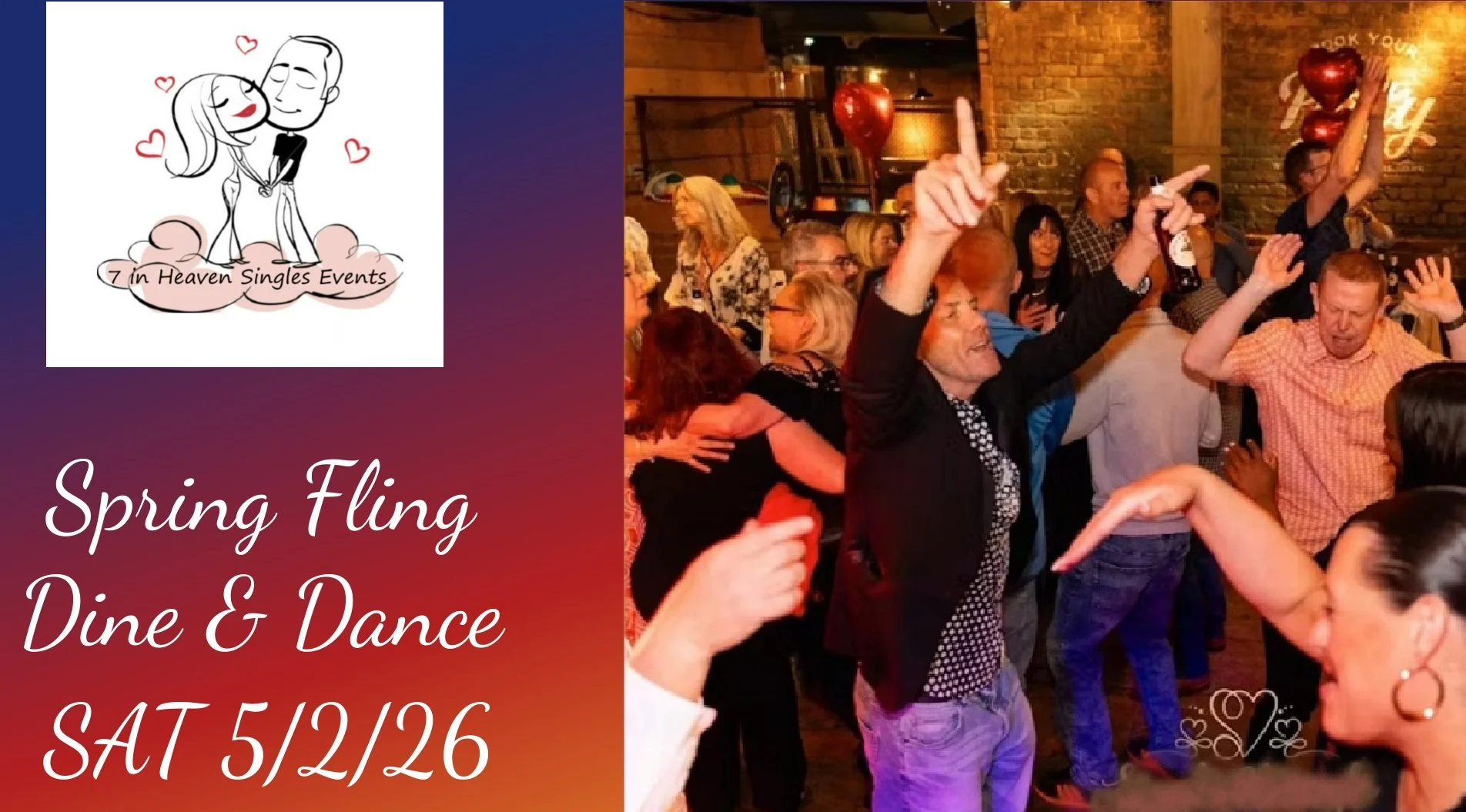 Group of people enjoying dinner at a restaurant, holding wine glasses, with a caption about a singles food crawl.