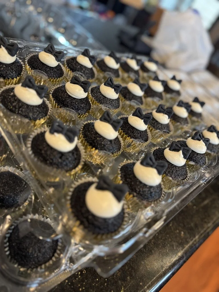 Black Velvet cupcakes with handmade bowties