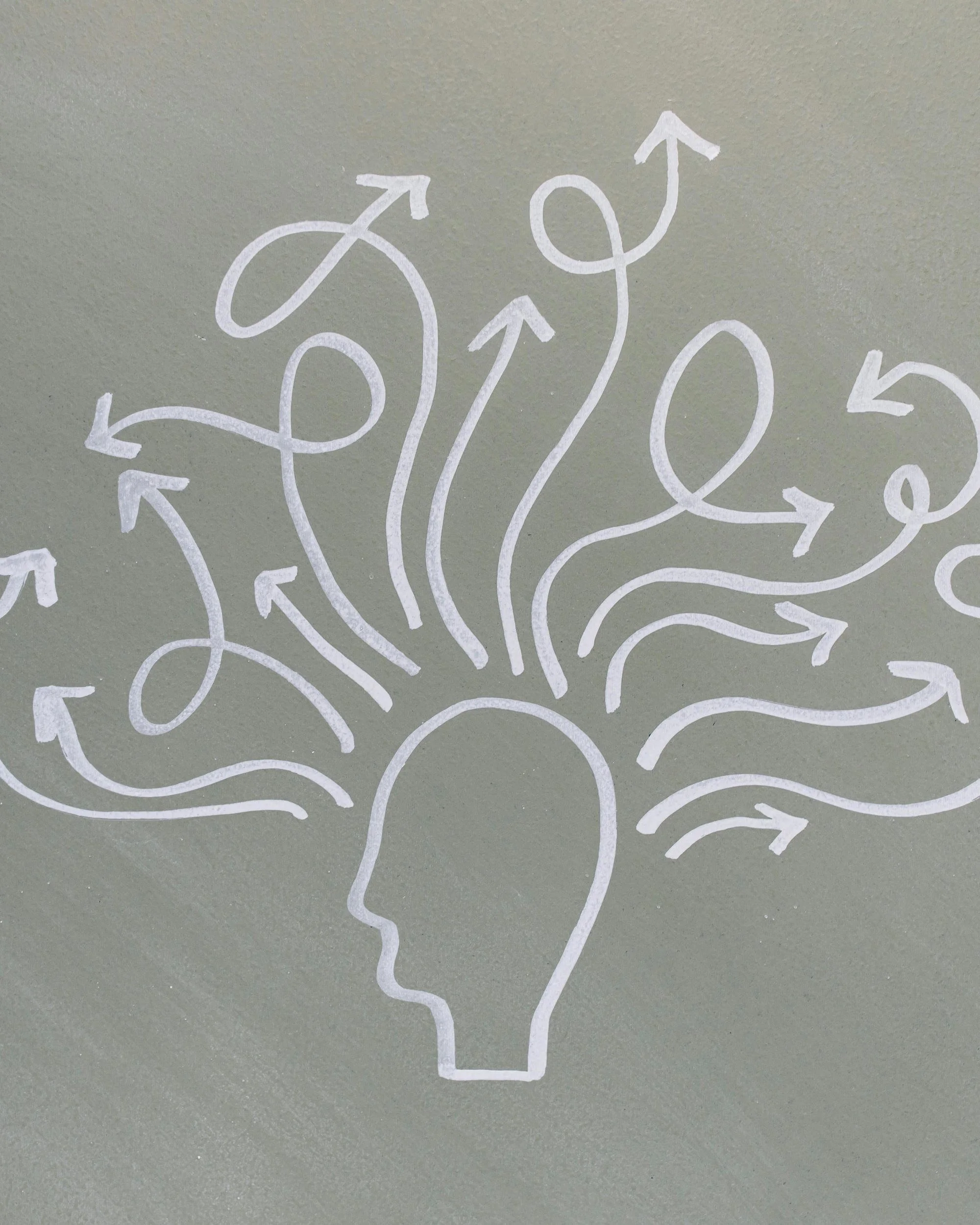 chalk drawing of head with arrows around it