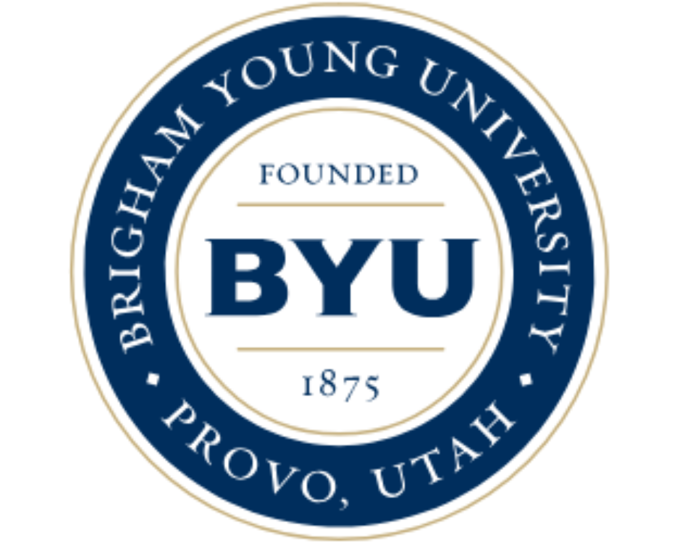 BYU logo with blue and white circular emblem, stating 'Founded 1875' and 'Provo, Utah', surrounded by the text 'Brigham Young University'.