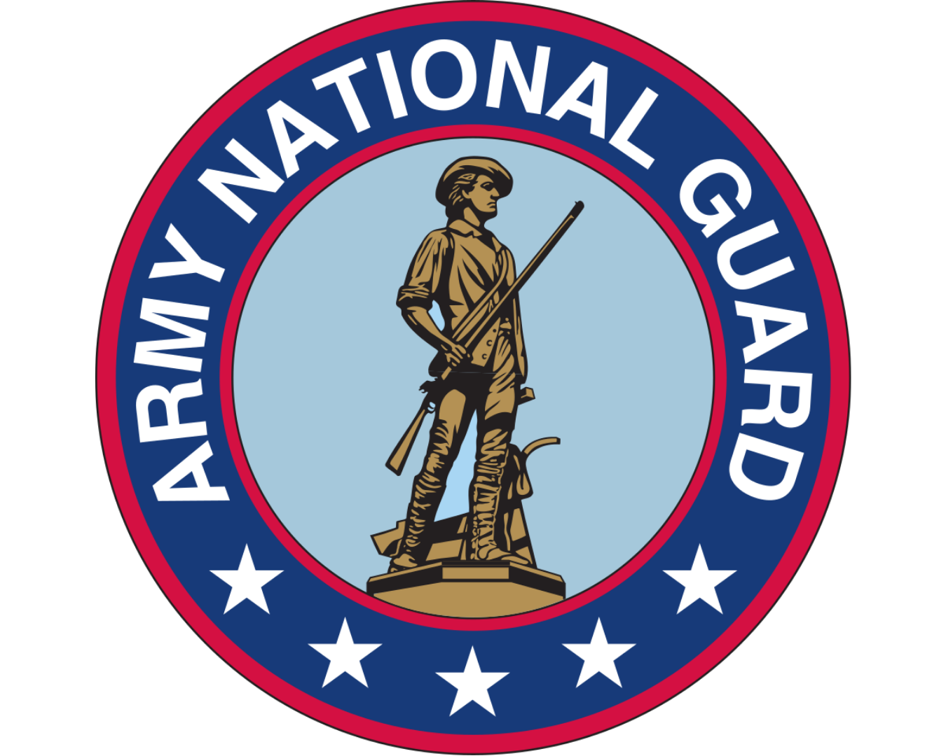 Seal of the Army National Guard with a soldier statue holding a rifle in the center, encircled by a blue ring with white stars and the text "ARMY NATIONAL GUARD".
