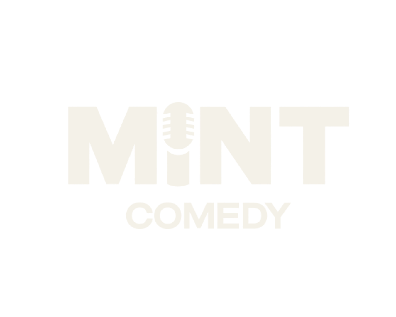 Logo for 'MINT COMEDY' with a retro microphone in the letter 'I' of the word 'MINT'. The text is white with a black background.
