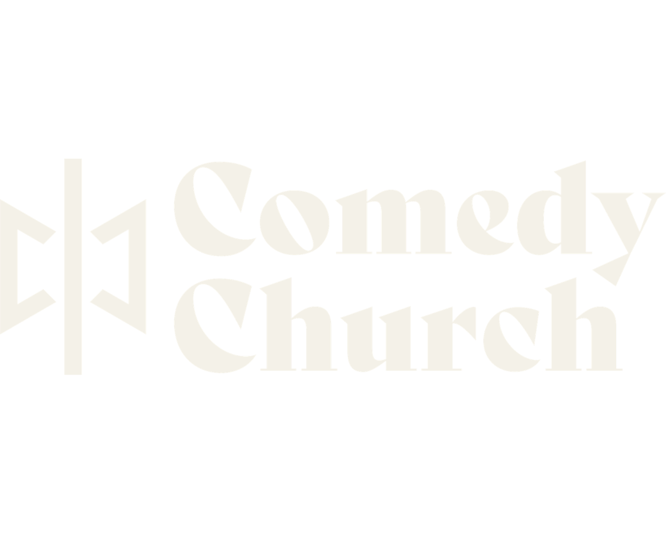 Logo for Comedy Church featuring a stylized cross and text 'Comedy Church' in bold, vintage script.