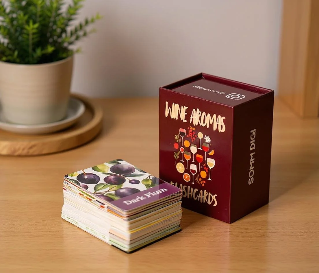 A deck of wine aroma flashcards labeled 'Dark Plum' with colored cards showing illustrations of plums, slender wine glasses, and citrus slices, on a wooden table next to a box labeled 'Wine Aromas Flashcards' with an illustration of wine glasses. In the background, a potted plant sits on a wooden tray.