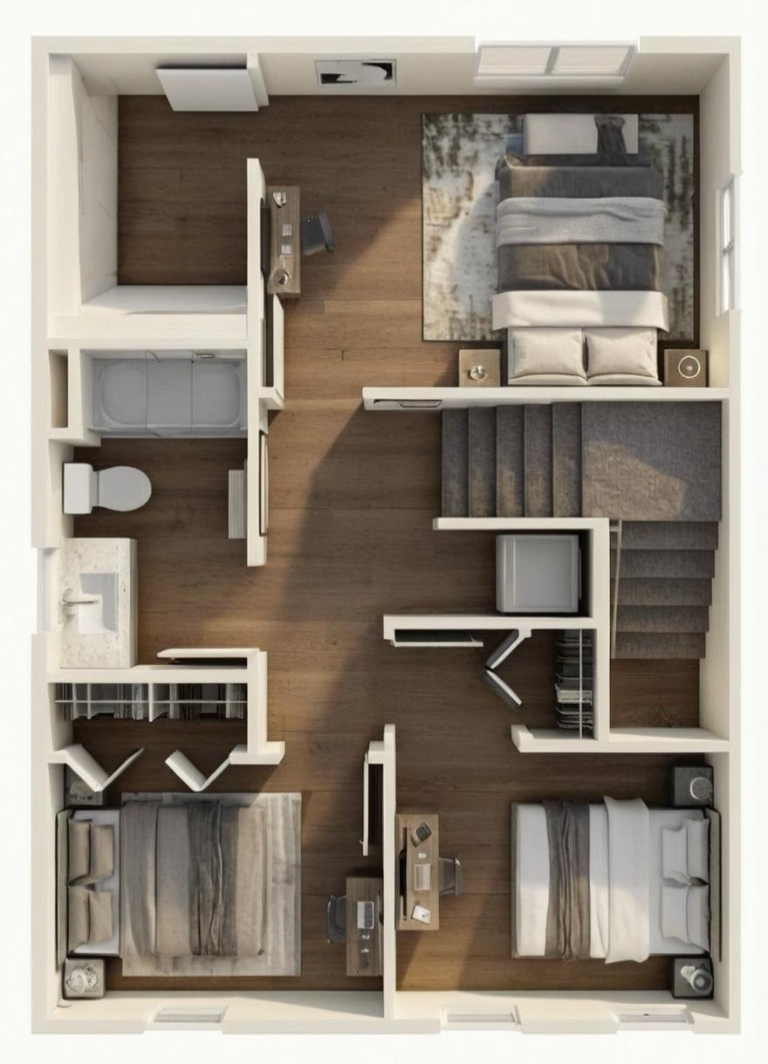 Top-down view of a small apartment with two bedrooms, one bathroom, and a combined living area. The bedrooms have beds, desks, and closets. The living room has a rug, a couch, and a TV. The bathroom contains a bathtub, toilet, and sink. The kitchen setup is not fully visible.
