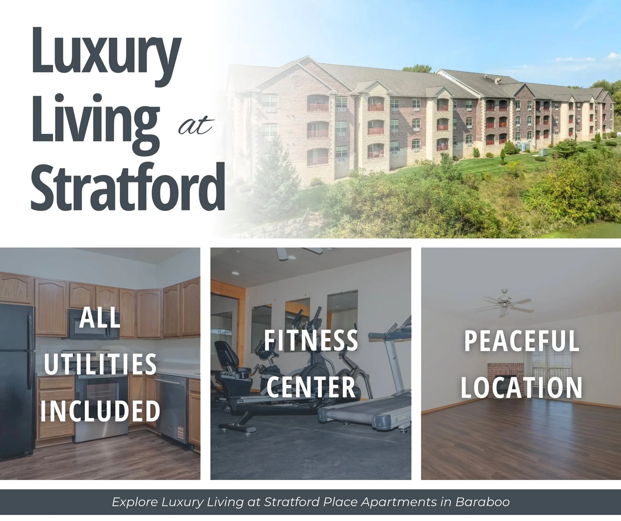 Welcome to Stratford Place Luxury Apartments where peaceful surroundings meet modern living in Baraboo, WI!

🌿 Nestled near Pierce Park, this quiet community offers a private, residential feel while keeping you just minutes from shopping, dining, do