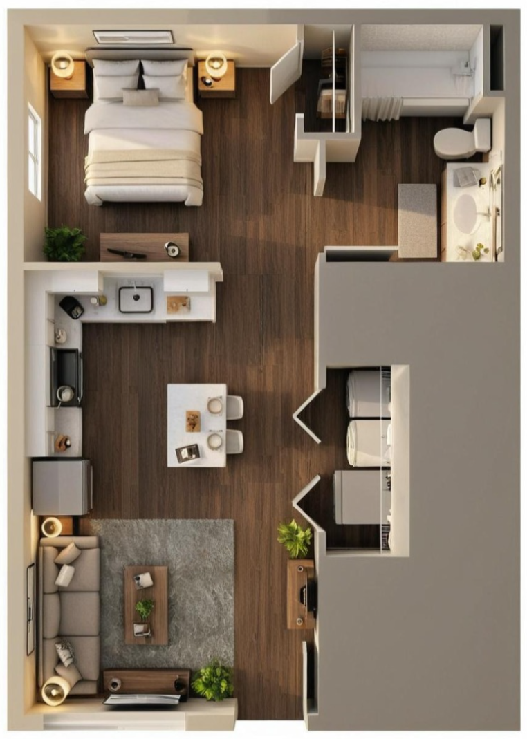 Top-down view of a studio apartment with a bed, kitchenette, bathroom, closet, and living area with sofa and TV.