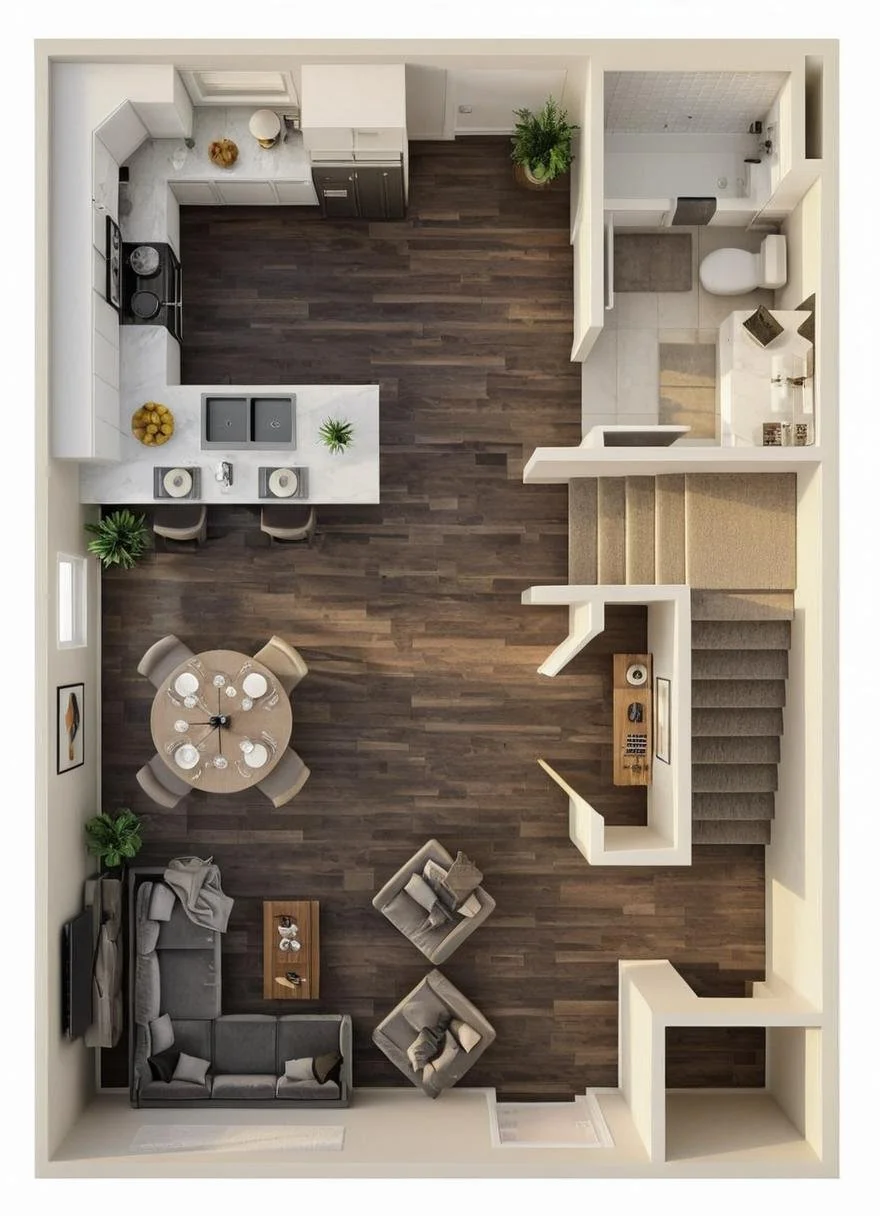 Top-down view of an open-concept living area, kitchen, and dining space with wooden flooring, a gray sofa, armchairs, a round dining table, and a kitchen island with a sink.