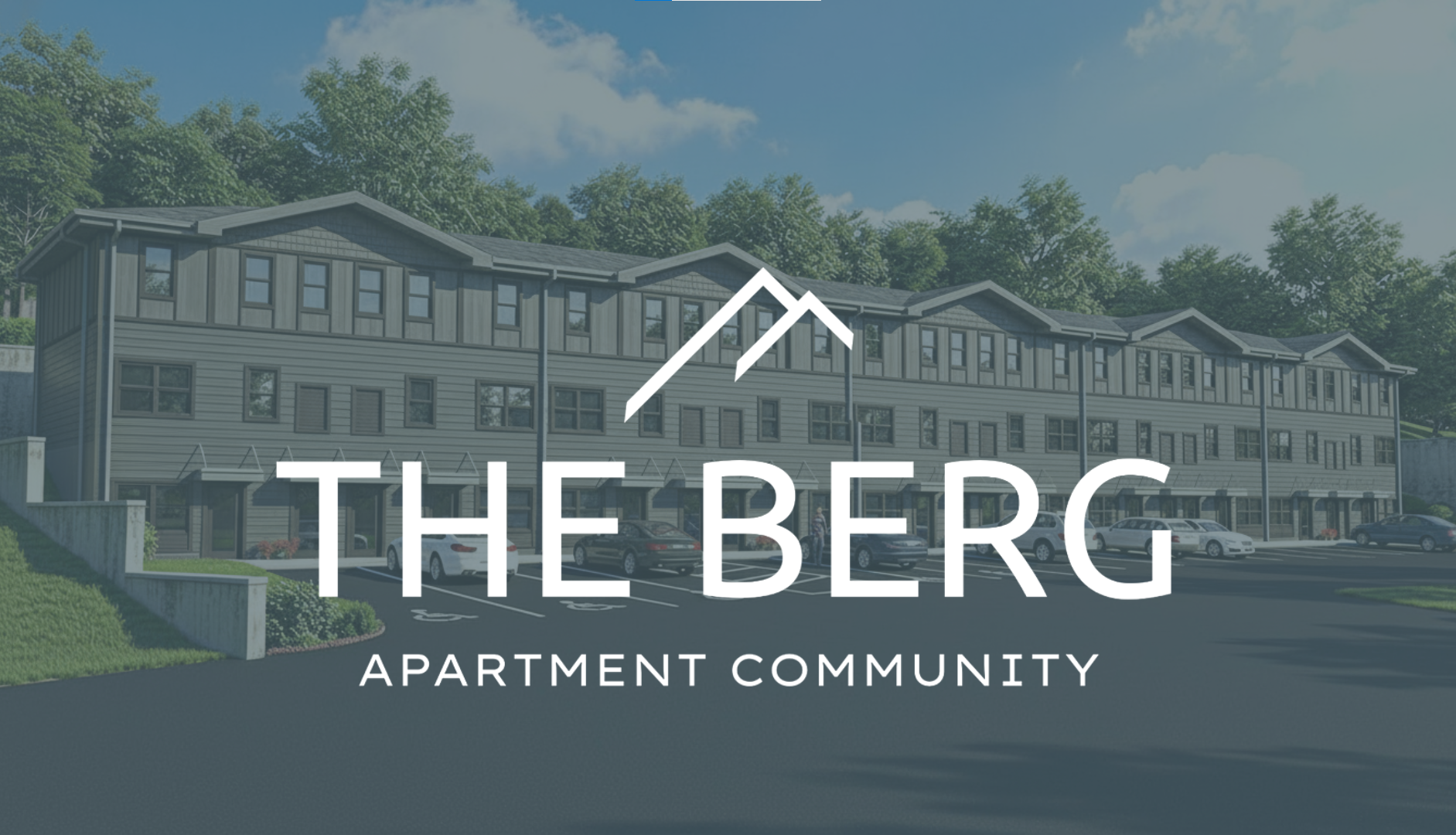 Illustration of a multi-story apartment building with a parking lot in the foreground, trees in the background, and the text 'The Berg Apartment Community' overlaid.