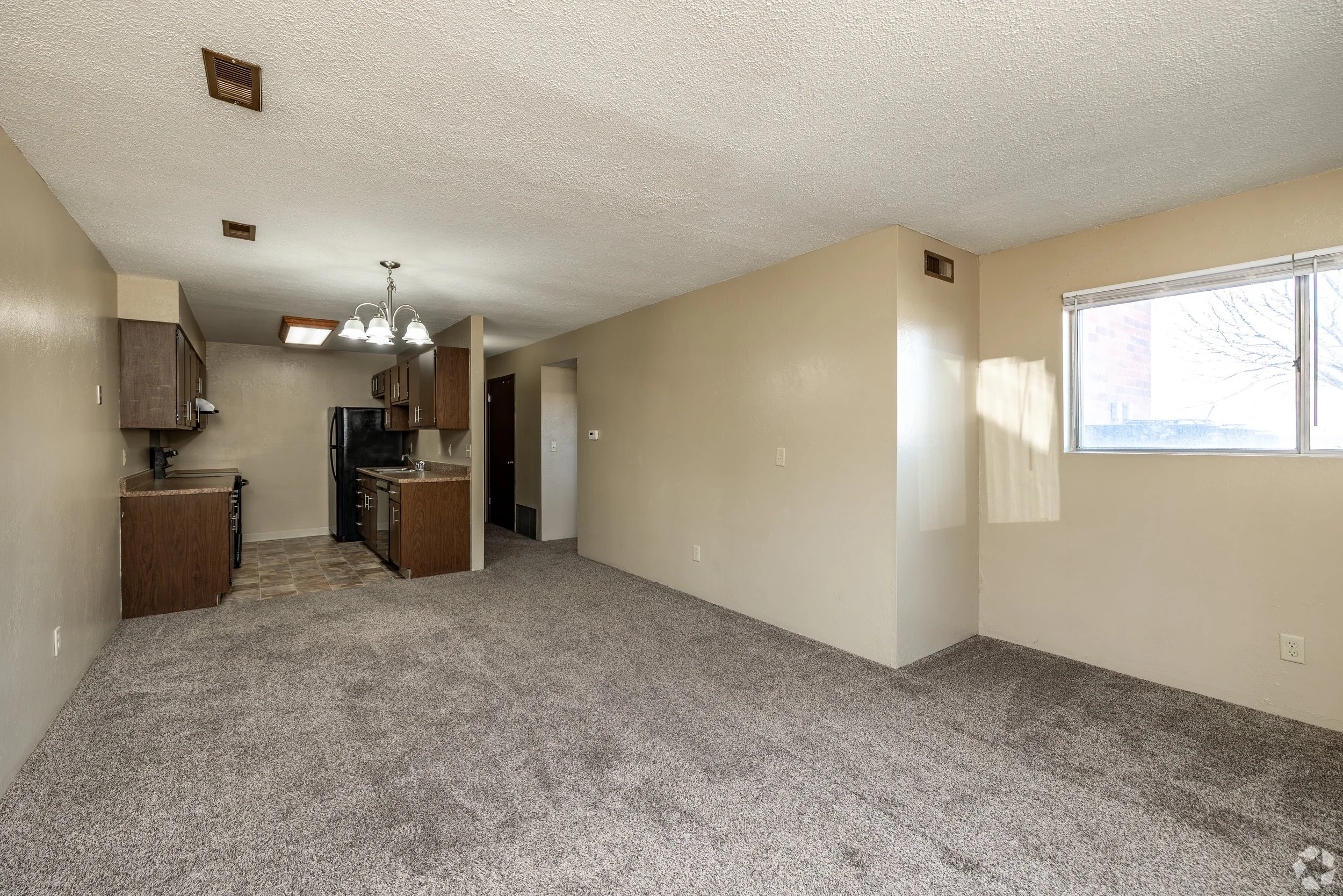 Large living room, brand new carpet at Raven Oaks Apartments in Dubuque Iowa