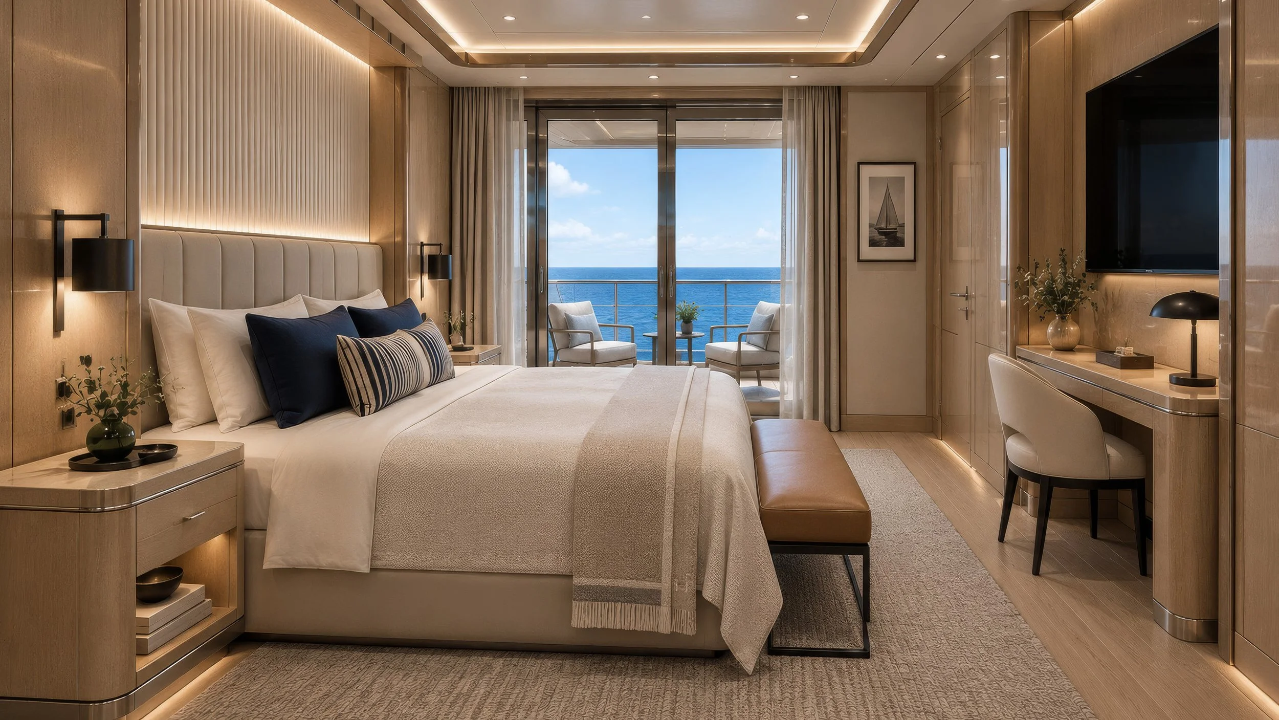Blue World Voyages two-bedroom residence primary bedroom concept with wood cabinetry, a dressing desk and balcony access.