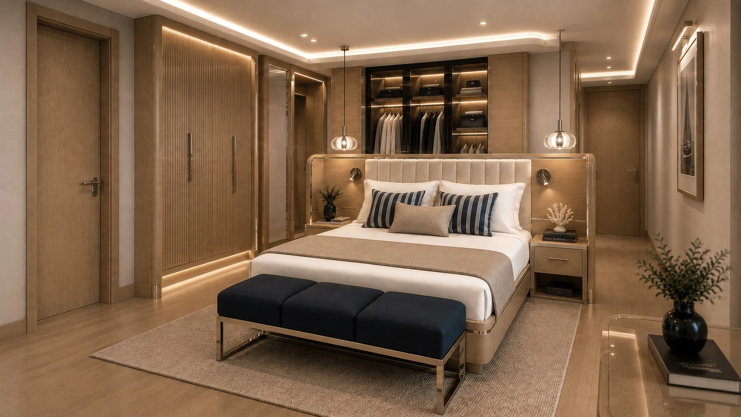 Blue World Voyages one-bedroom residence bedroom concept with built-in wardrobes, nautical bedding and a blue upholstered bench.