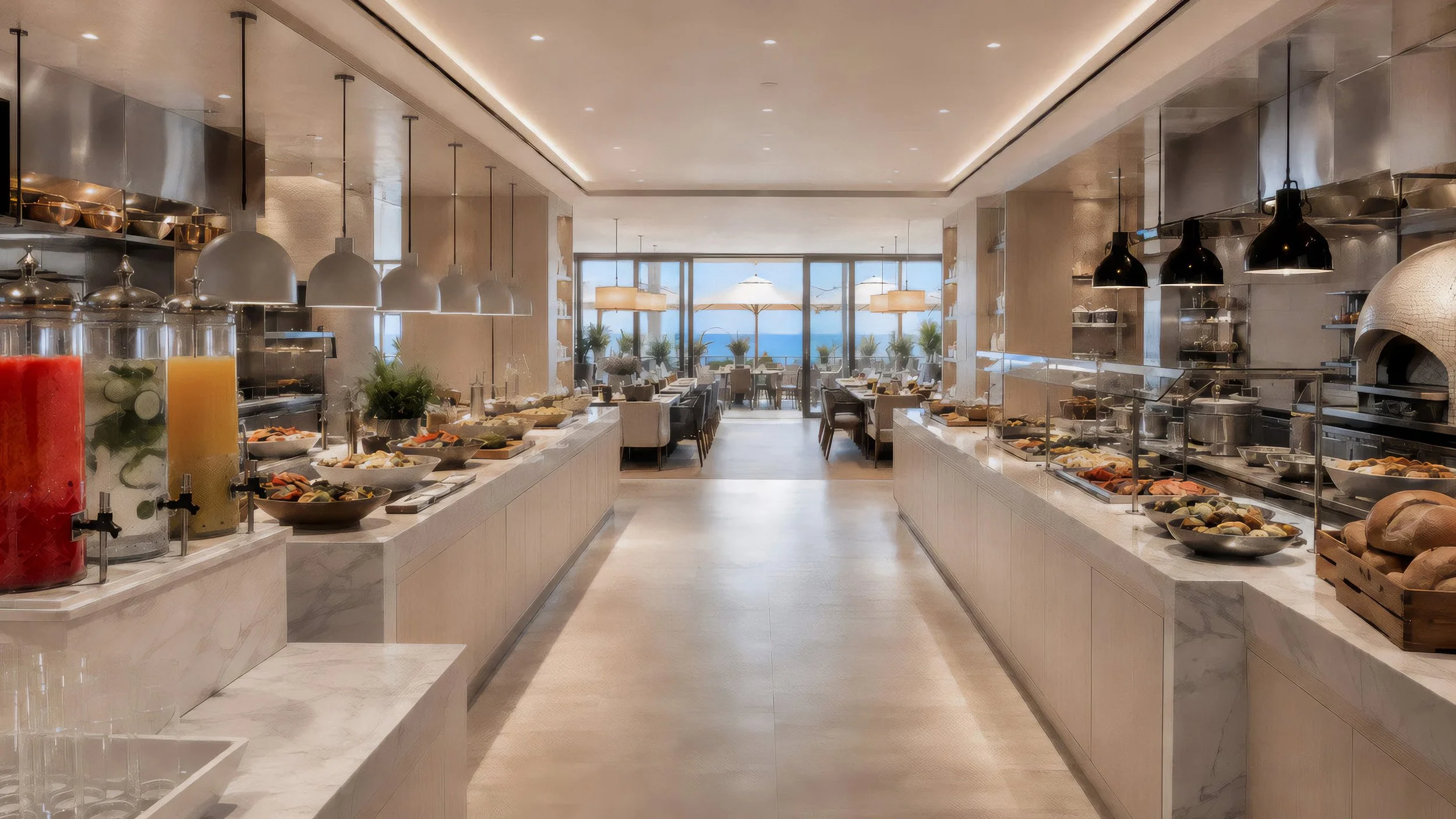 Blue World Voyages marketplace buffet concept with food stations, pendant lighting and ocean-view dining.