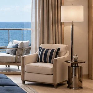 Blue World Voyages penthouse primary bedroom concept with a large bed, dressing desk and ocean-view balcony.
