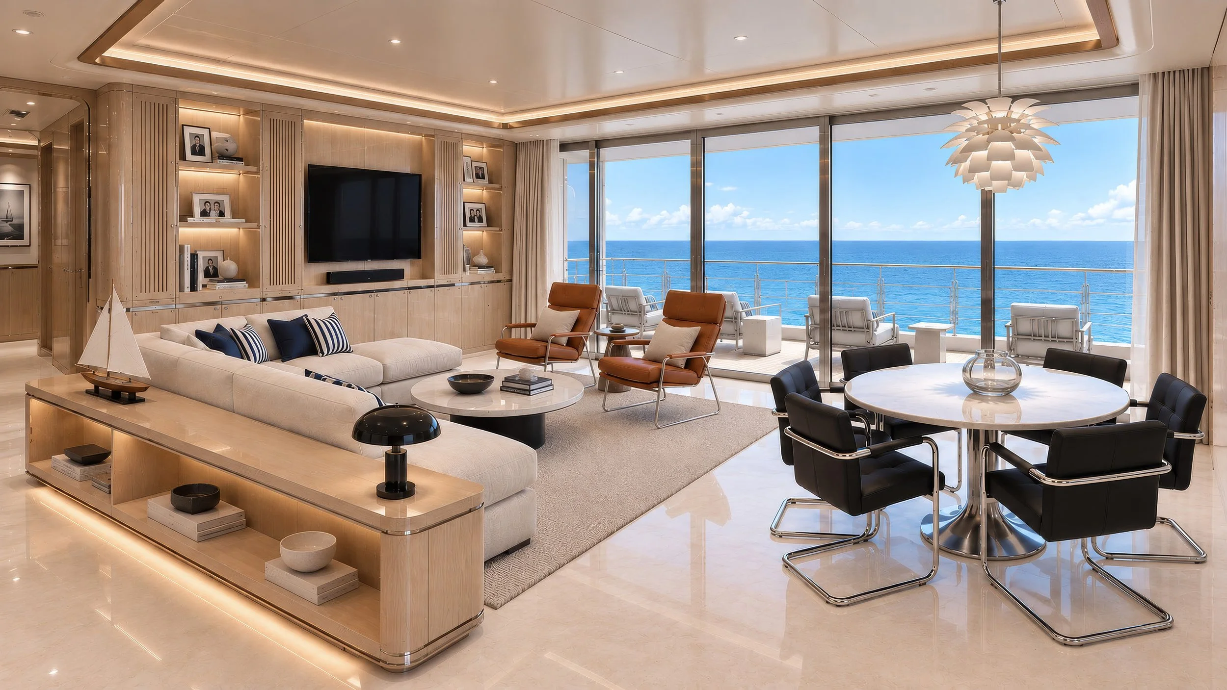 Blue World Voyages penthouse concept with an open living and dining room, cream sectional sofa and ocean-view balcony.