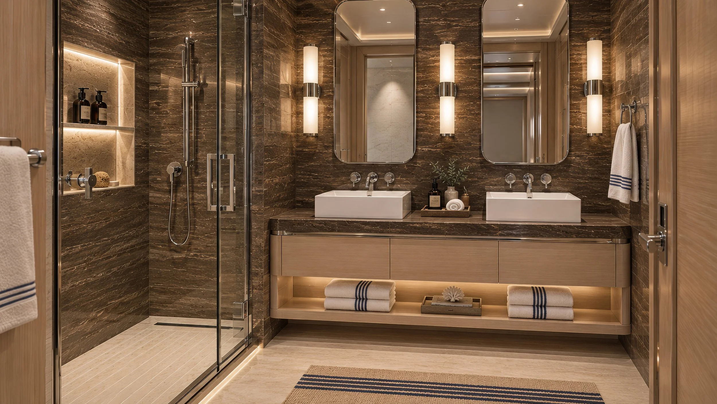 Blue World Voyages two-bedroom residence bathroom concept with twin vessel sinks, dark stone walls and a glass shower.