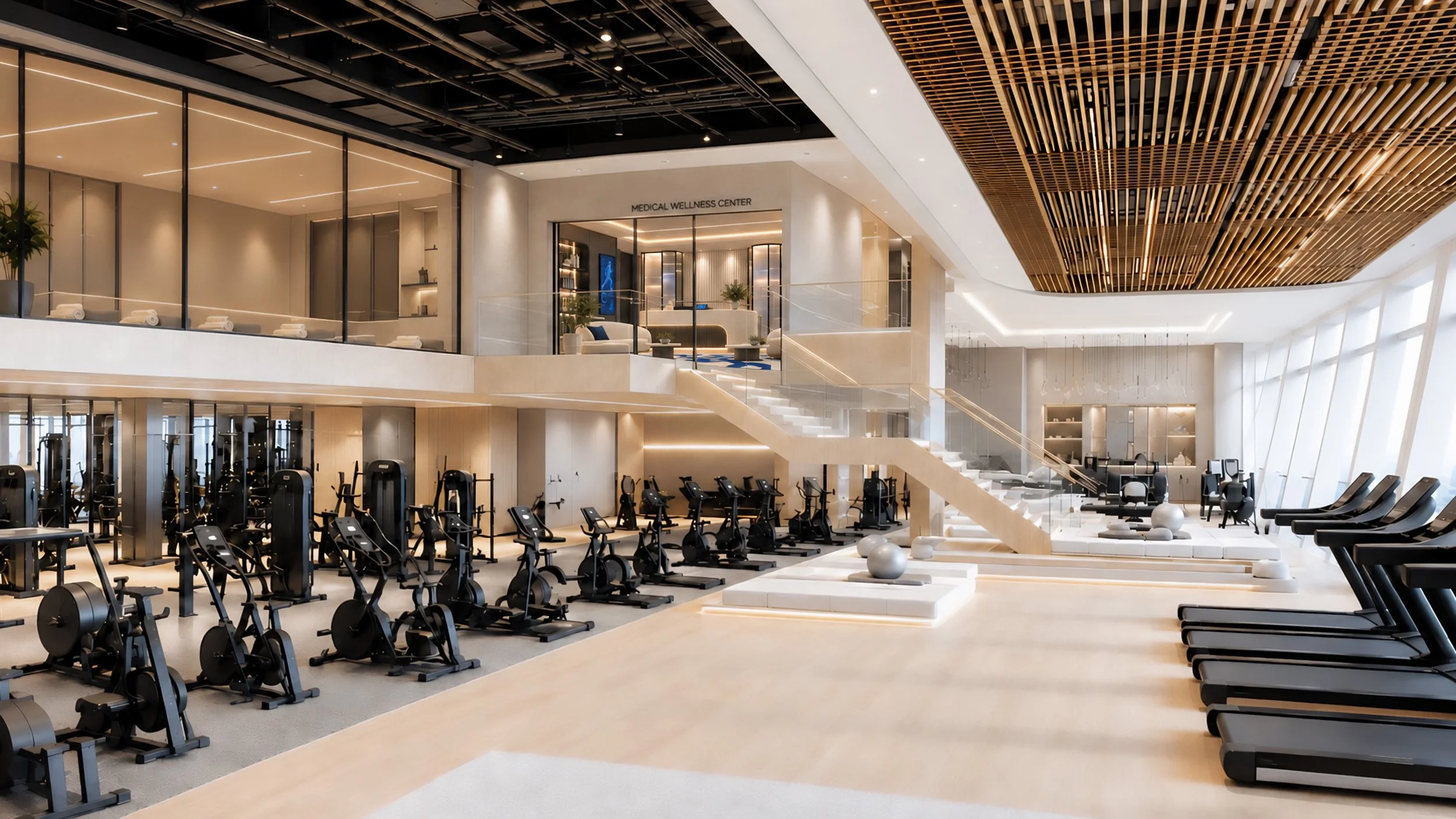 Blue World Voyages two-level fitness center concept with exercise bikes, treadmills and an open workout area.