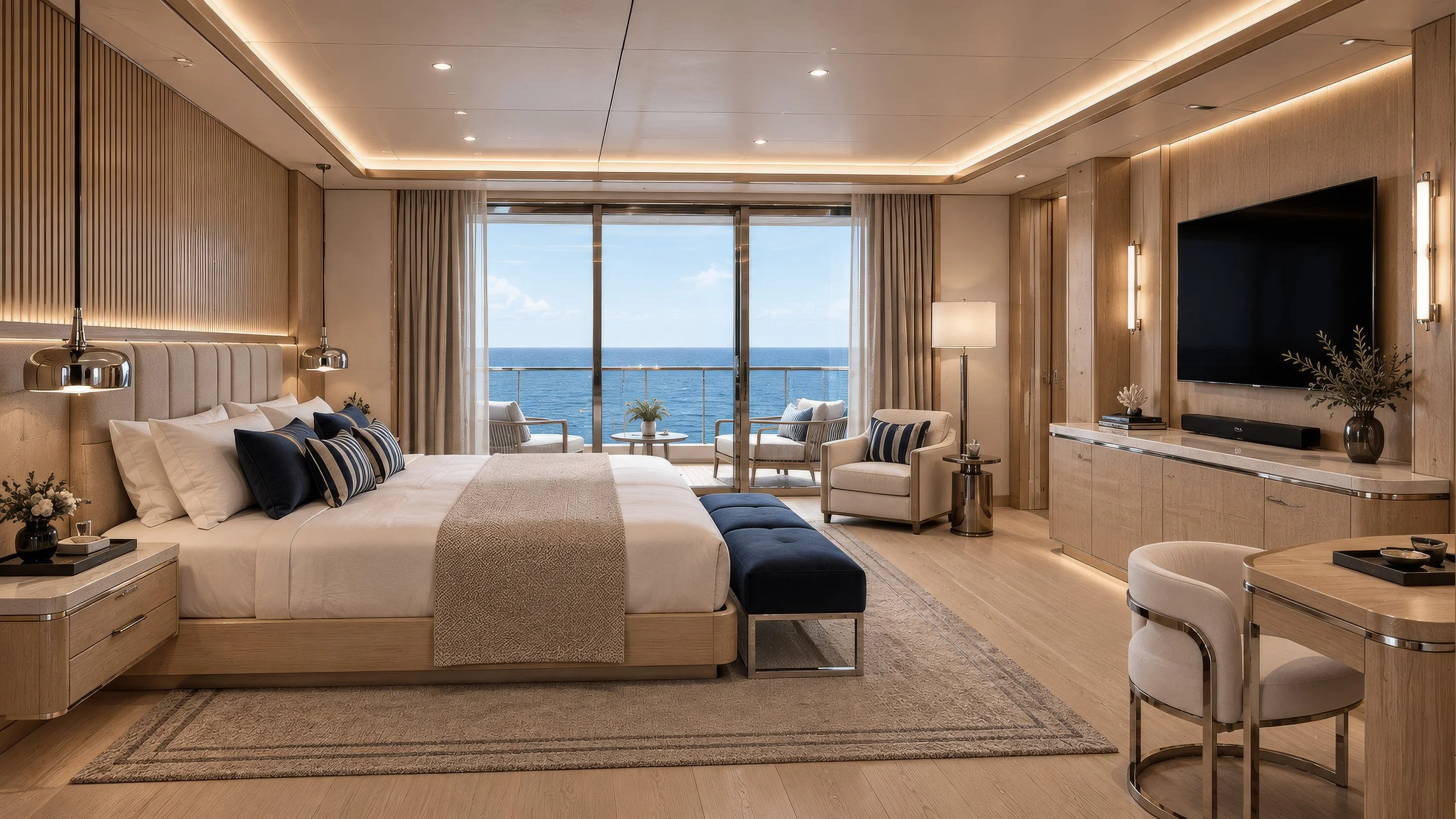 Blue World Voyages penthouse primary bedroom concept with a large bed, dressing desk and ocean-view balcony.