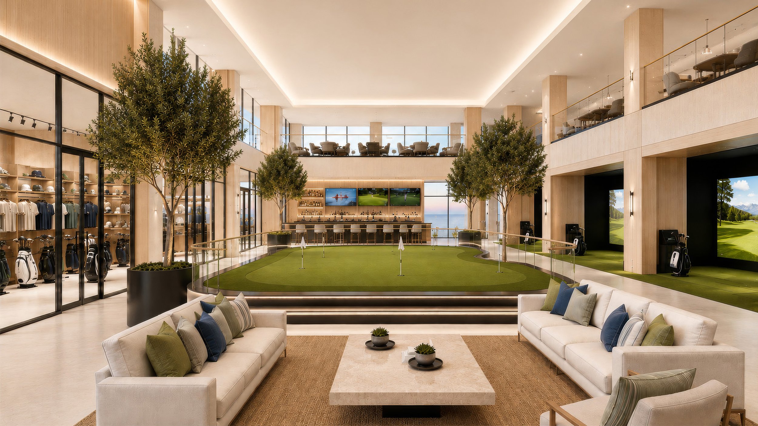 Blue World Voyages golf and multisport center concept with an indoor putting green, lounge seating and planted trees.