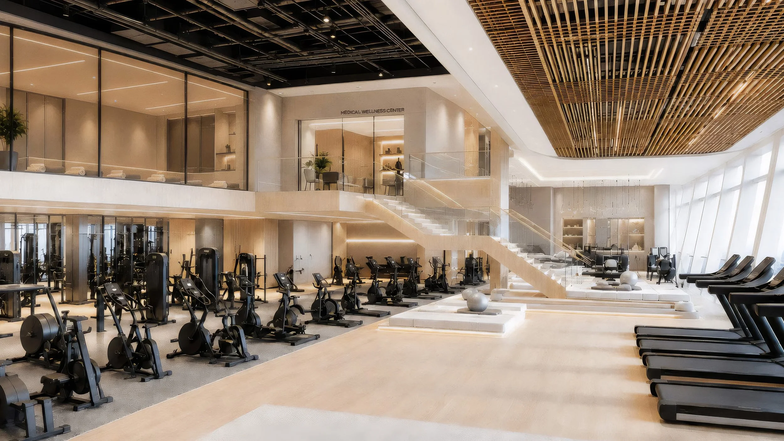 Blue World Voyages two-level fitness center concept with exercise bikes, treadmills and an open workout area.