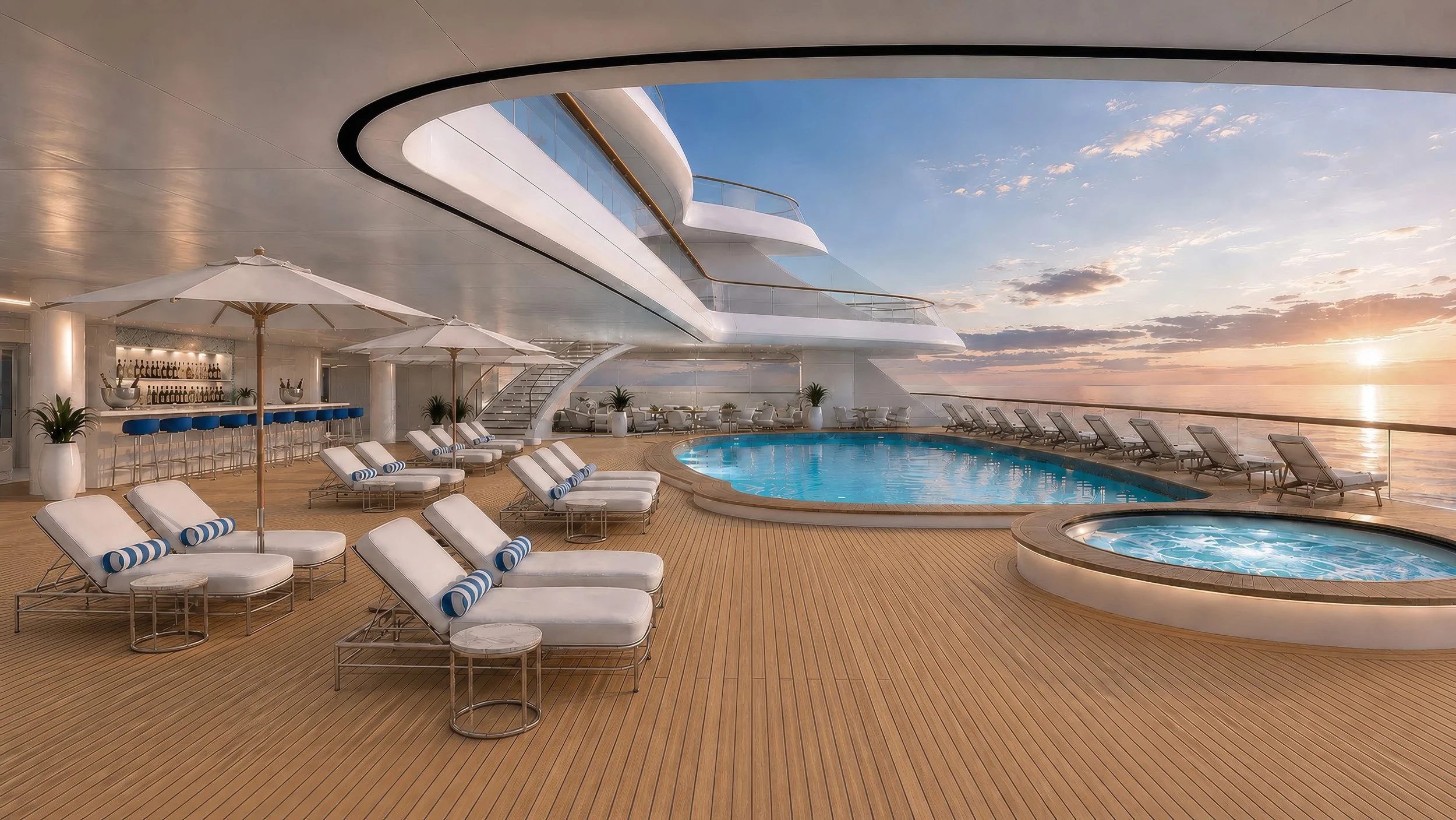 Blue World Voyages aft pool deck concept with ocean views, cushioned loungers and a whirlpool at sunset.