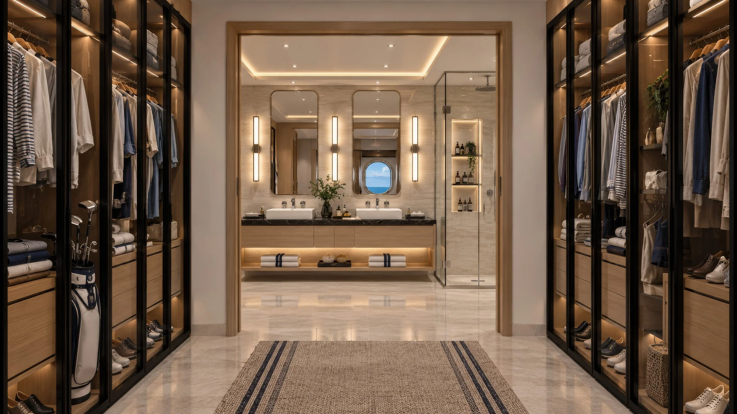 Blue World Voyages penthouse walk-in closet concept with illuminated glass wardrobes leading to the primary bathroom.