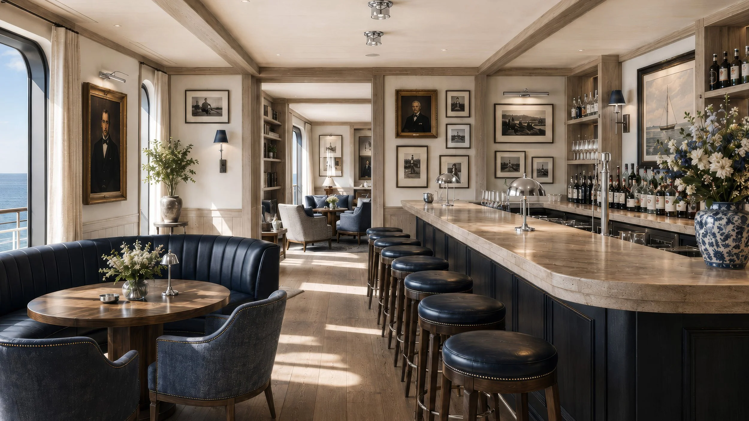 Blue World Voyages contemporary British pub concept with a curved bar, blue booths and connected intimate lounges.