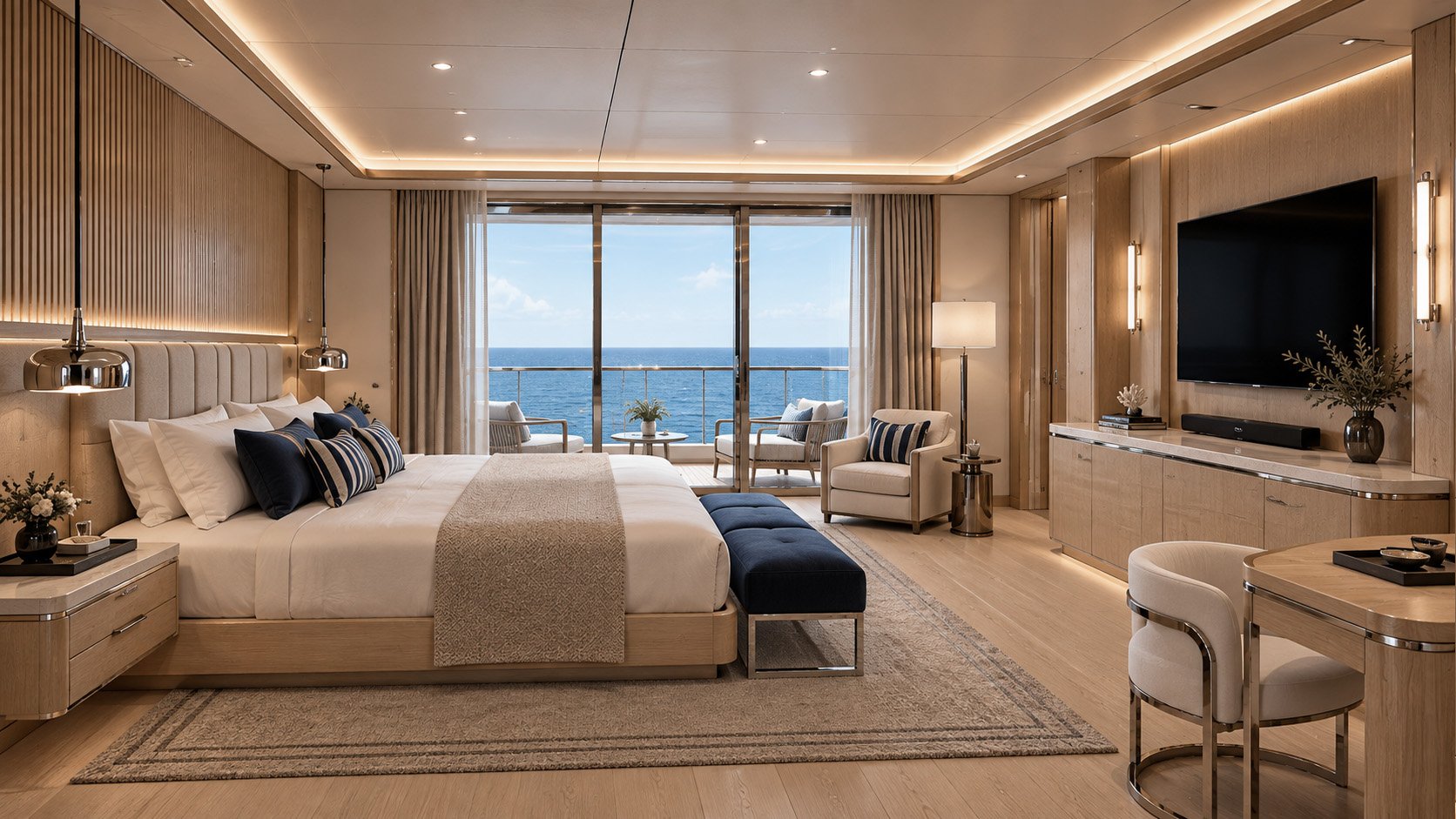 Blue World Voyages penthouse primary bedroom concept with a large bed, dressing desk and ocean-view balcony.