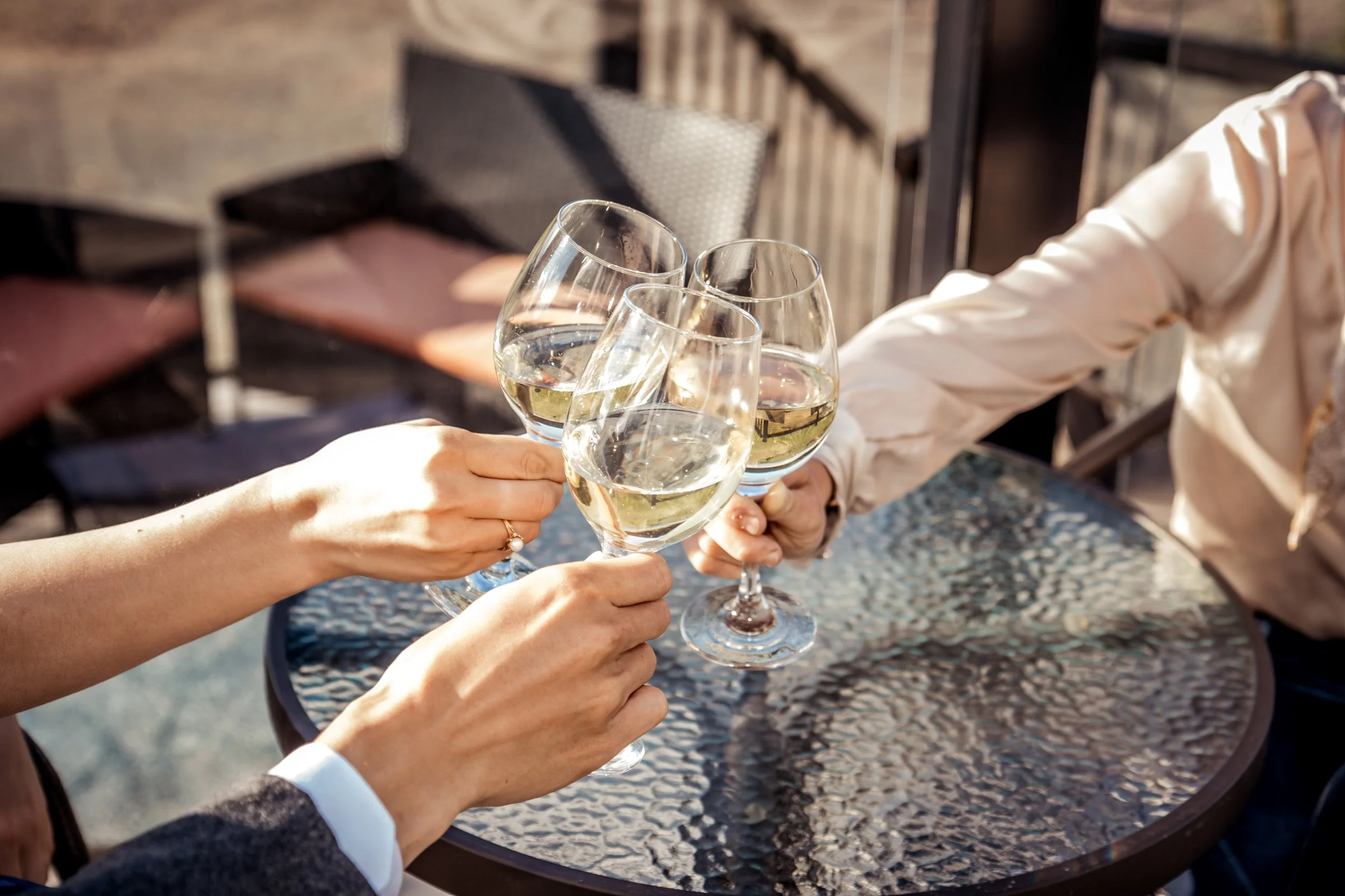 Guests cheers with a fresh glass of Tidal Bay wine during their wine tour.