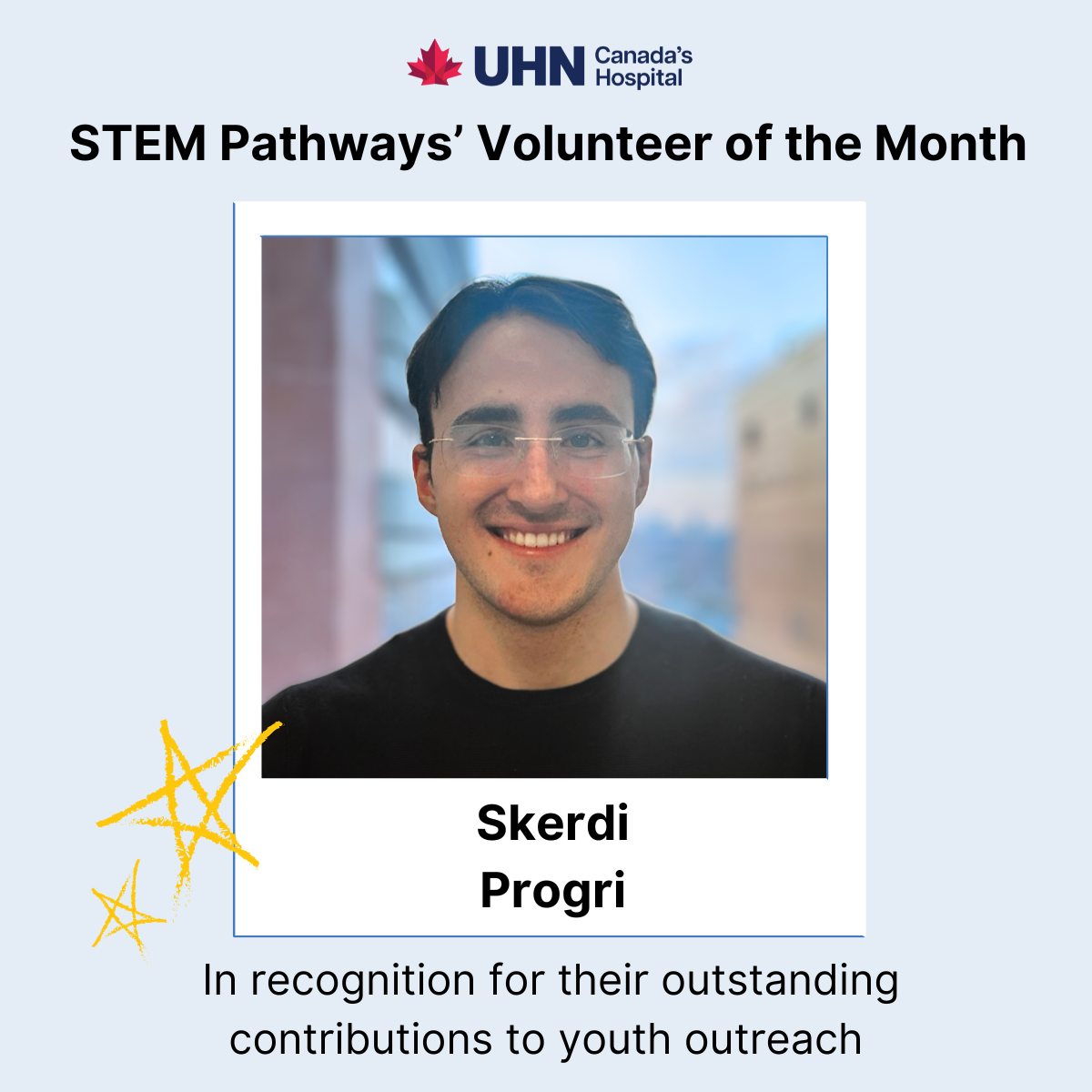Headshot of Skerdi Progri in polaroid template; title reads "STEM Pathways' Volunteer of the Month".