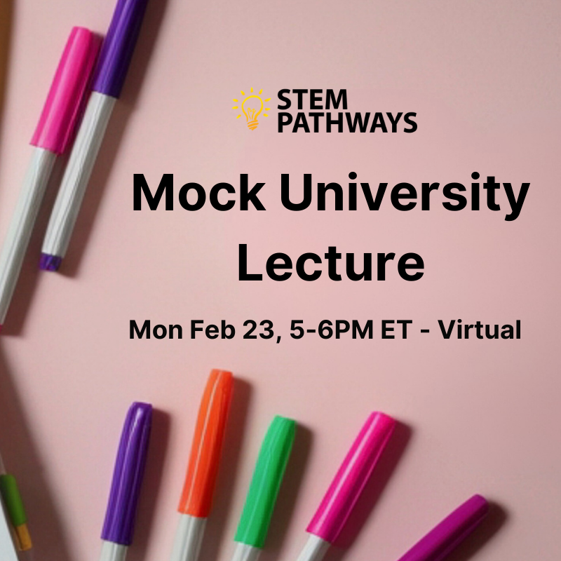 Event poster – Mock University Lecture – Mon Feb 23, 5-6pm - title in black font on pink background with marker images.