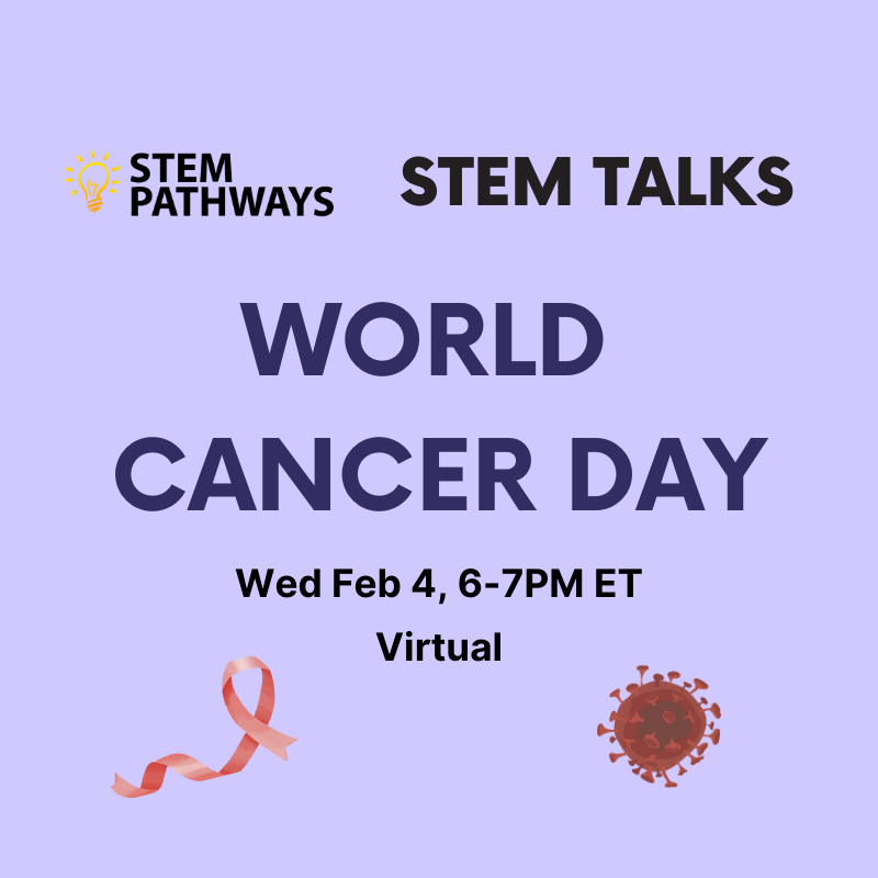 Event poster - STEM Talks – World Cancer Day – Wed Feb 4, 6-7pm - title in dark purple font on purple background. Text is surrounded cancer ribbon and cell drawings.