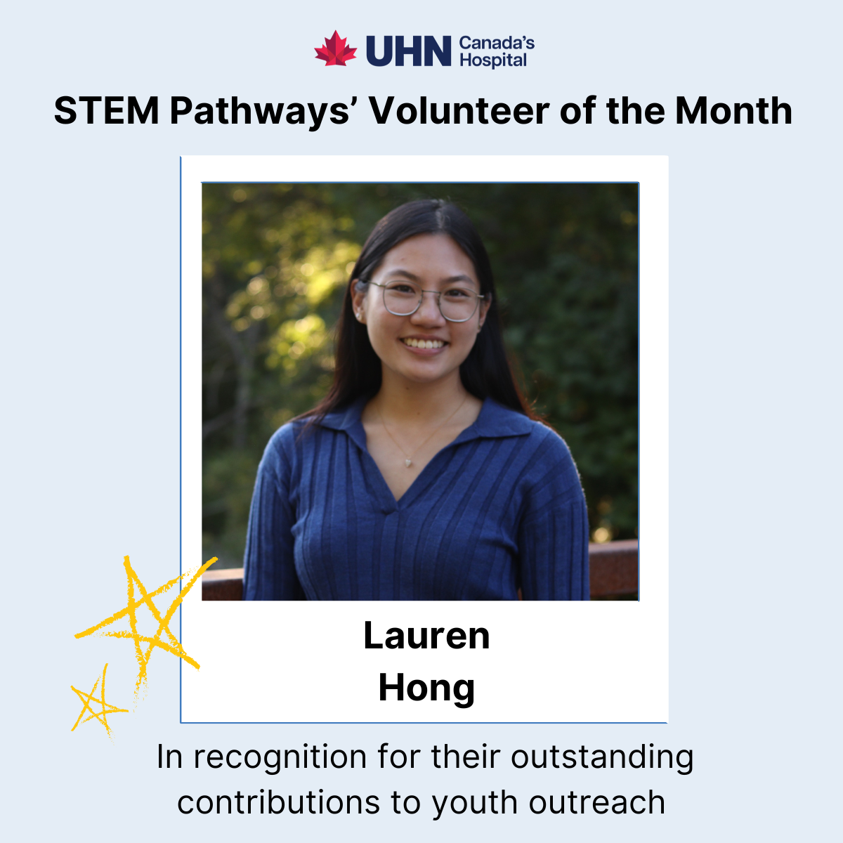Headshot of Lauren Hong in polaroid template; title reads "STEM Pathways' Volunteer of the Month".
